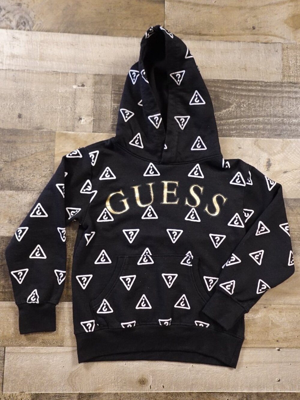 Guess Logo Hoodie Youth Small 8-10 Black All Over‎ Print Gold Spellout Pullover
